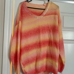 Elegant V-Neck Gradient Sweater with Rhinestone Accents